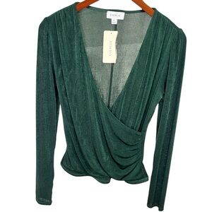 NWT Evereve Marla Surplice Wrap Top Green Pine Grove Long Sleeve Blouse Medium